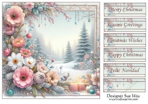 Christmas Flowers Festive Snowy Scene, 7 x 7 Card Front and Sentiment Tags