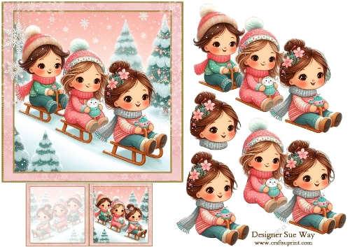 Christmas Girls in the Snow 6 inch Card Front, gift tag & Decoupage