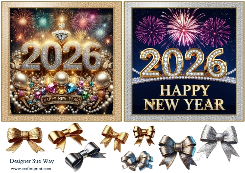 Happy New Year 2026 Two Square Quick Cards and Bows