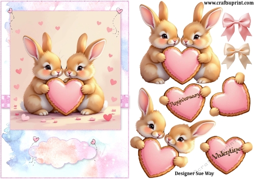 Sweet Love Heart Bunnies A5 Card Front and Decoupage