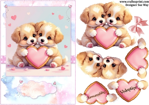 Sweet Love Heart Puppies A5 Card Front and Decoupage