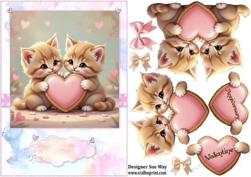 Sweet Love Heart Kittens A5 Card Front and Decoupage