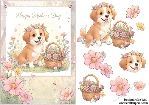 Sweet Little Flower Dog Happy Mothers Day A5 Card Front and Decoupage