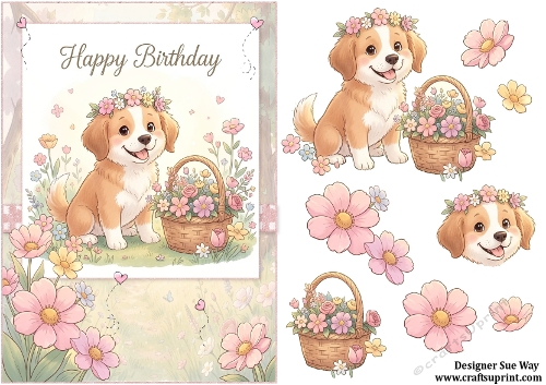 Sweet Little Flower Dog Happy Birthday A5 Card Front and Decoupage
