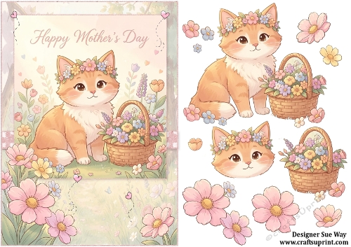 Sweet Little Flower Cat Happy Mothers Day A5 Card Front and Decoupage