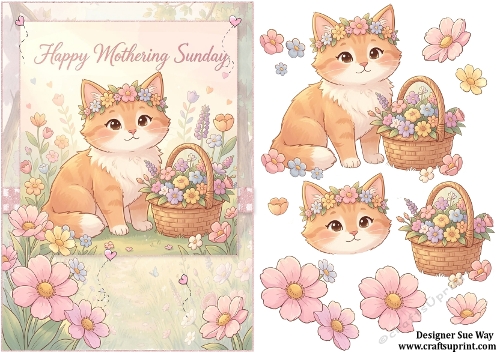 Sweet Little Flower Cat Happy Mothering Sunday A5 Card Front and Decoupage