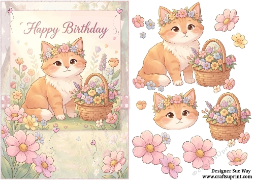 Sweet Little Flower Cat Happy Birthday A5 Card Front and Decoupage