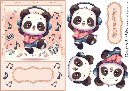 Headphones and Music Panda Peach  Card Front, Topper and Decoupage