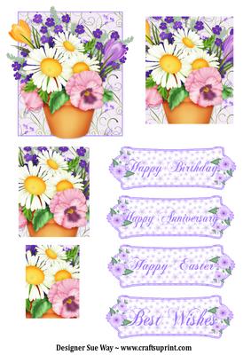 Pot of Spring Flowers Topper, Pyramid and Greeting Tags
