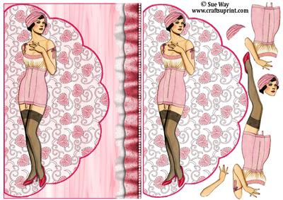Art Deco Pink Corset Lady Wavey Edge Card Front