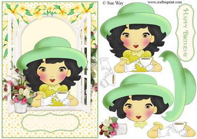 Time for Tea Lady in a Green Hat Card Front & Decoupage