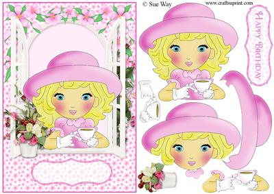 Time for Tea Lady in a Pink Hat Card Front & Decoupage