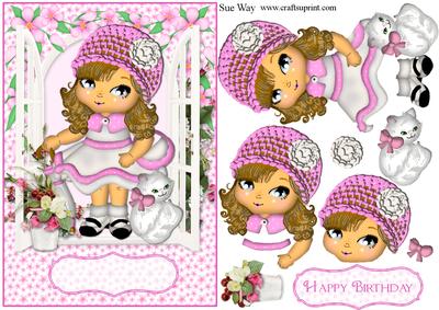 Dolly in a Pink Hat with Her Cat Card Front