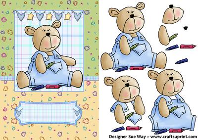 Baby Boy Bear with Crayons Card Front and Decoupage