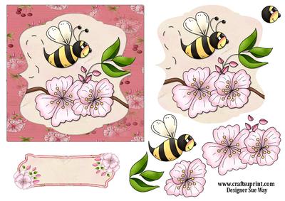 Cherry Blossom Bee Square Card, Topper & Decoupage