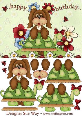 Flower Puppy and Tortoise Card Front & Decoupage