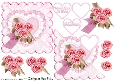 Hearts and Roses Corner Heart Square Card or Topper