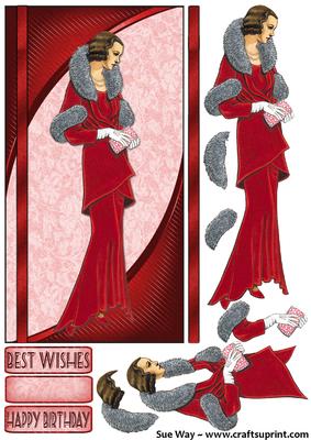 Red 1930's Evening Gown Dl Card Front and Decoupage