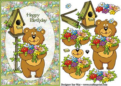 Birthday Flower Bouquet Bear Card Front and Decoupage
