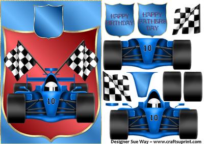 Blue Racing Car Card Front and Decoupage