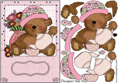 Pink Teddy Tea Time Card Front and Decoupage