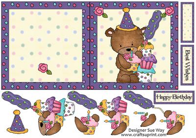 Birthday Cupcake Bear 5" Square Folded Card and Decoupage