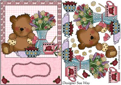 Flowers Teddy Tea Time Card Front and Decoupage