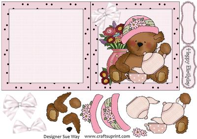 Pink Teddy Tea Time 5" Square Folded Card and Decoupage