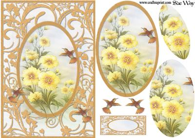 Humming Bird and Yellow Flowers Card Front and Pyramid