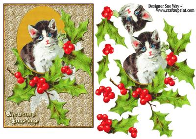 Vintage Christmas Cat Card Front and Decoupage