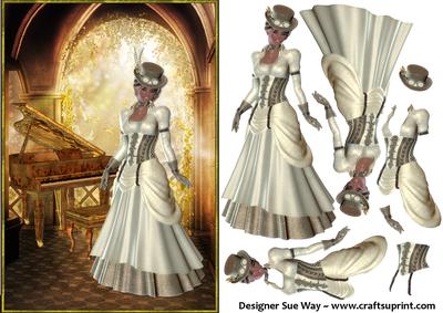 Steampunk Piano Lady Card Front and Decoupage
