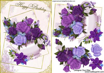 Flower Filled Happy Birthday Teapot Card Front Decoupage