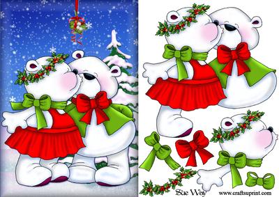 Christmas Kissing Bears Snow Scene Card Front Decoupage