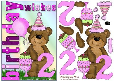 Birthday Girl Bear Age Two Card Front and Decoupage