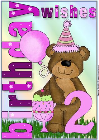 Birthday Girl Bear Age Two A4 Card Front and Decoupage