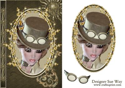 Steampunk Travelling Lady Cameo Card Front and Topper