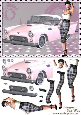 1950s Lady and Her Pink T-bird Car Decoupage