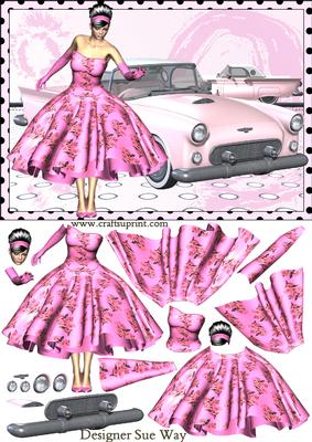 Rock & Roll Lady & Her Pink T-bird Car Decoupage