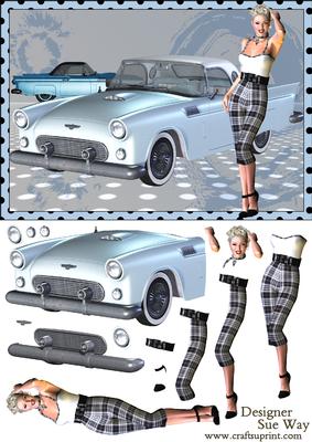 Blonde 1950s Lady and Her Blue T-bird Car Decoupage