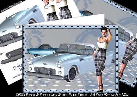 1950s Rock and Roll Lady and Her Blue T-bird A4 Mini Kit