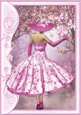 1950's Lady in Pink Catching Butterflies A4 Card Front
