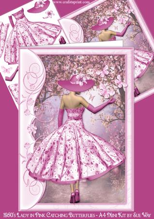 1950's Lady in Pink Catching Butterflies A4 Mini Kit