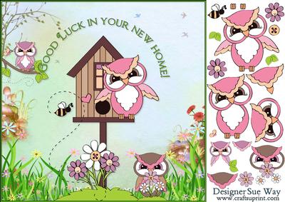 New Home Owl Family Card Front and Decoupage