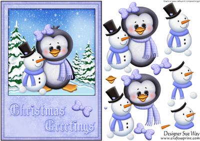 Penguin Builds a Snowman Friend Card Front and Decoupage