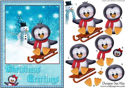 Penguin Sledging Card Front and Decoupage