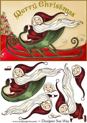 Speedy Santa on His Sleigh Card Front and Decoupage