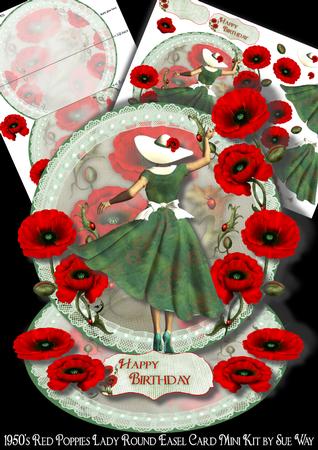 1950's Red Poppies Lady Round Easel Card Mini Kit