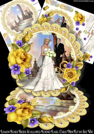 Lemon Roses Bride and Groom Scalloped Round Easel Card