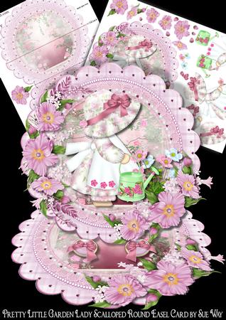 Pretty Little Garden Lady Scalloped Round Easel Card