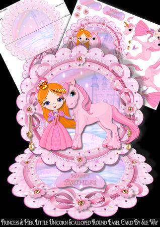 Princess and Her Little Unicorn Scalloped Round Easel Card
